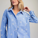 Seashell Embroidered Button Down Shirt by Eesome - Blue Stripe