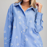 Seashell Embroidered Button Down Shirt by Eesome - Blue Stripe