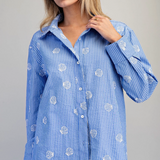 Seashell Embroidered Button Down Shirt by Eesome - Blue Stripe
