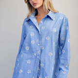 Seashell Embroidered Button Down Shirt by Eesome - Blue Stripe