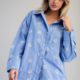 Seashell Embroidered Button Down Shirt by Eesome - Blue Stripe