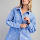 Seashell Embroidered Button Down Shirt by Eesome - Blue Stripe