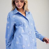 Seashell Embroidered Button Down Shirt by Eesome - Blue Stripe