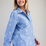 Seashell Embroidered Button Down Shirt by Eesome - Blue Stripe