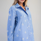 Seashell Embroidered Button Down Shirt by Eesome - Blue Stripe