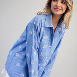 Seashell Embroidered Button Down Shirt by Eesome - Blue Stripe