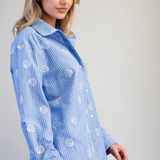 Seashell Embroidered Button Down Shirt by Eesome - Blue Stripe