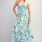 Strapless Floral Tiered Maxi Dress by Eesome - Blue Floral