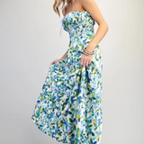 Strapless Floral Tiered Maxi Dress by Eesome - Blue Floral