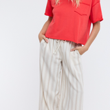 Striped Drawstring Wide Leg Pants WIth Hem Detail by Wishlist - Mocha / Cream