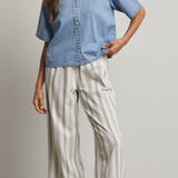 Striped Drawstring Wide Leg Pants WIth Hem Detail by Wishlist - Grey / Cream