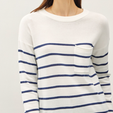 Lightweight Striped Sweater With Front Pocket - White & Navy Stripe