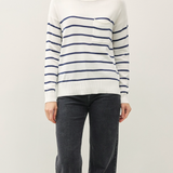 Striped Cropped Button Front Cardigan  - White & Navy Stripe
