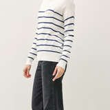 Lightweight Striped Sweater With Front Pocket - White & Navy Stripe