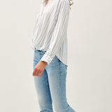 Striped Button Down Shirt WithTwist Front - White & Chambray Blue Stripe