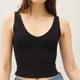 Cropped Double V Neck Tank - Black