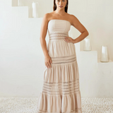 Strapless Maxi Dress With Crochet Insets  - Beige