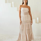 Strapless Maxi Dress With Crochet Insets  - Beige