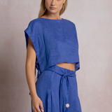 Linen Cropped Tank With Side Ties by Elan - Sapphire Blue