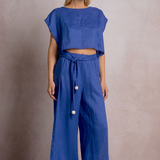 Linen Cropped Tank With Side Ties by Elan - Sapphire Blue