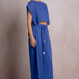 Linen Cropped Tank With Side Ties by Elan - Sapphire Blue