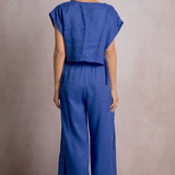 Linen Cropped Tank With Side Ties by Elan - Sapphire Blue