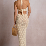 Crochet Maxi Skirt With Side Slit By Elan - Natural