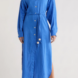 Linen Maxi Shirt Dress With Long Sleeve by Elan - Sapphire Blue
