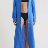 Linen Maxi Shirt Dress With Long Sleeve by Elan - Sapphire Blue