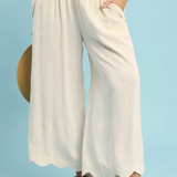 Linen Wide Leg Pants With Scalloped Hem - Oatmeal