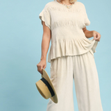 Linen Wide Leg Pants With Scalloped Hem - Oatmeal