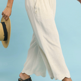 Linen Wide Leg Pants With Scalloped Hem - Oatmeal