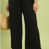 Linen Wide Leg Pants With Scalloped Hem - Black