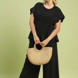 Linen Wide Leg Pants With Scalloped Hem - Black
