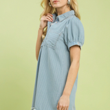 Denim Stripe Mini Dress With Polo Collar - Light Blue Denim