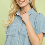 Denim Stripe Mini Dress With Polo Collar - Light Blue Denim