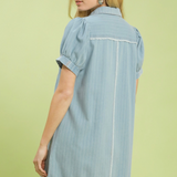 Denim Stripe Mini Dress With Polo Collar - Light Blue Denim