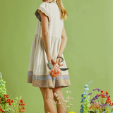 Linen Tiered Color Block Mini Dress With Flutter Sleeves - Oatmeal