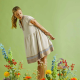 Linen Tiered Color Block Mini Dress With Flutter Sleeves - Oatmeal