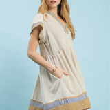 Linen Tiered Color Block Mini Dress With Flutter Sleeves - Oatmeal