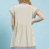 Linen Tiered Color Block Mini Dress With Flutter Sleeves - Oatmeal