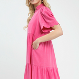 Linen Tiered Baybydoll Dress With Scalloped Sleeves - Peony Pink