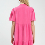 Linen Tiered Baybydoll Dress With Scalloped Sleeves - Peony Pink