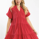 Linen Tiered Mini Dress With Scallop Trim - Rasberry Red