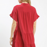 Linen Tiered Mini Dress With Scallop Trim - Rasberry Red