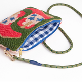 Leila red boots seed bead clutch with strap