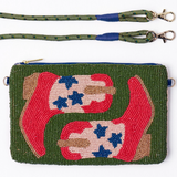 Leila red boots seed bead clutch with strap