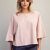 Mineral Wash Round Neck Top With Half Sleeve by Eesome - Dusty Blush