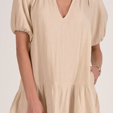 Gauze Short Dress With Puff Sleeves by Elan - Natural