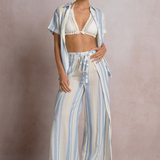 Blue Textured Stripe Pants With Drawstring by Elan - Blue / Yellow